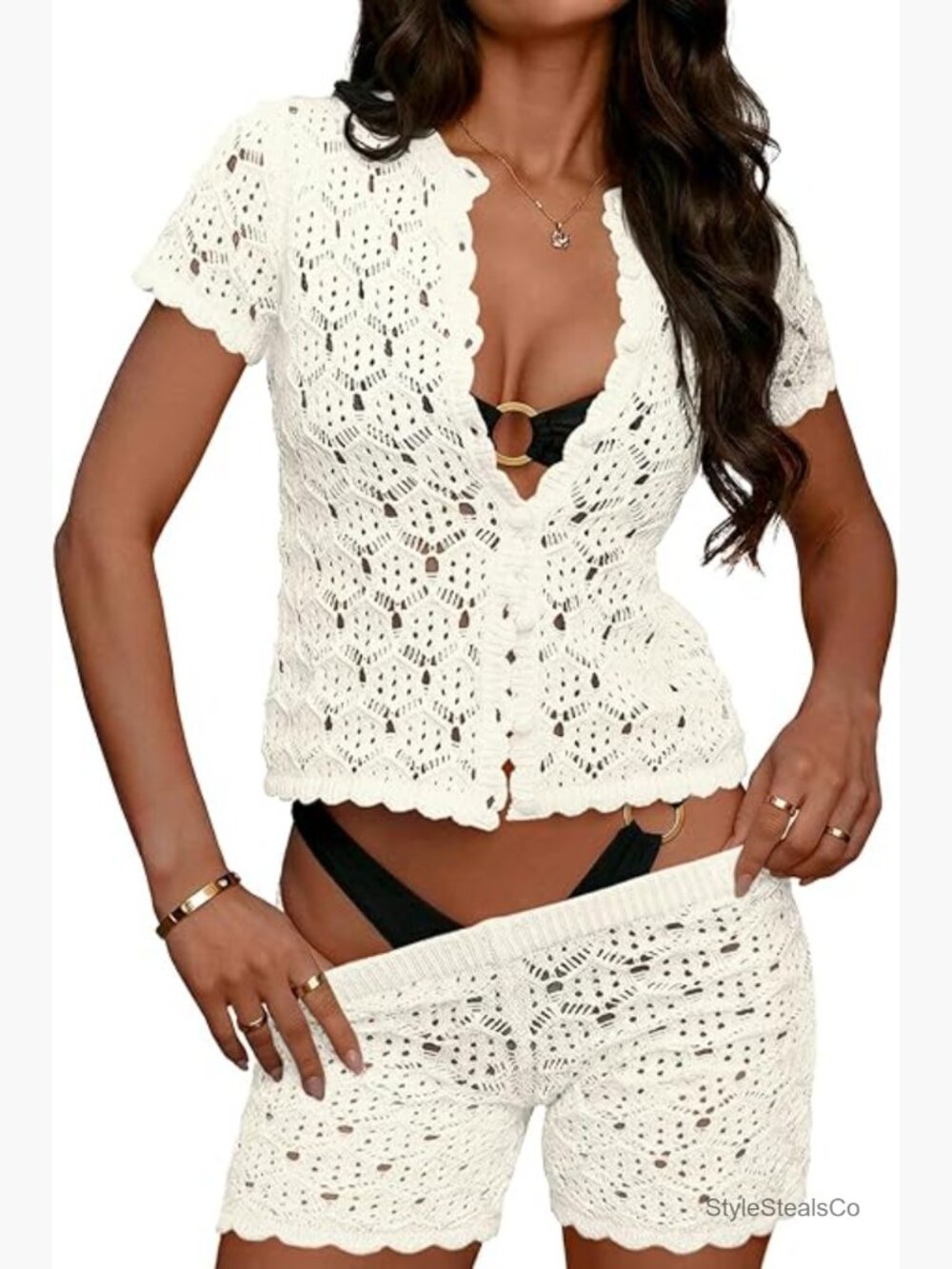 2 Piece Crochet Cover Up Set Short Sleeve Crop Top High Waisted Beach Shorts